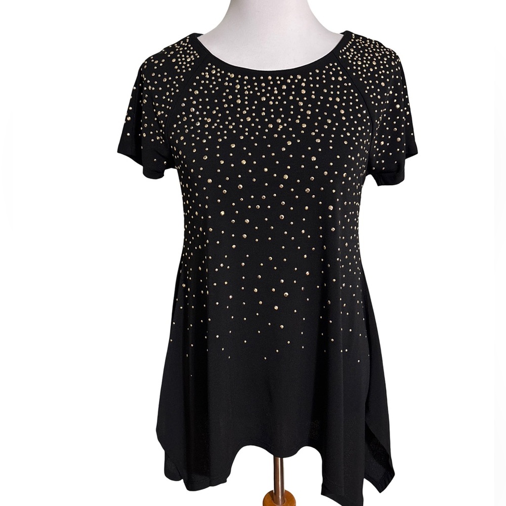 Carmen Marc Valvo Black Gold Studded Asymmetrical Tunic